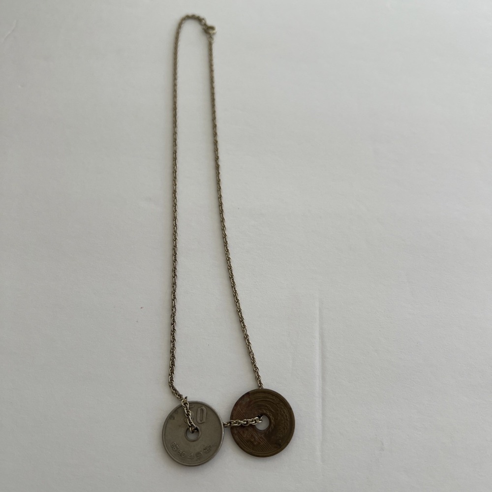 Vintage Japan 50 & 5 Yen Coin Pendant Necklace 1974 Showa 49 Lucky Charm Jewelry